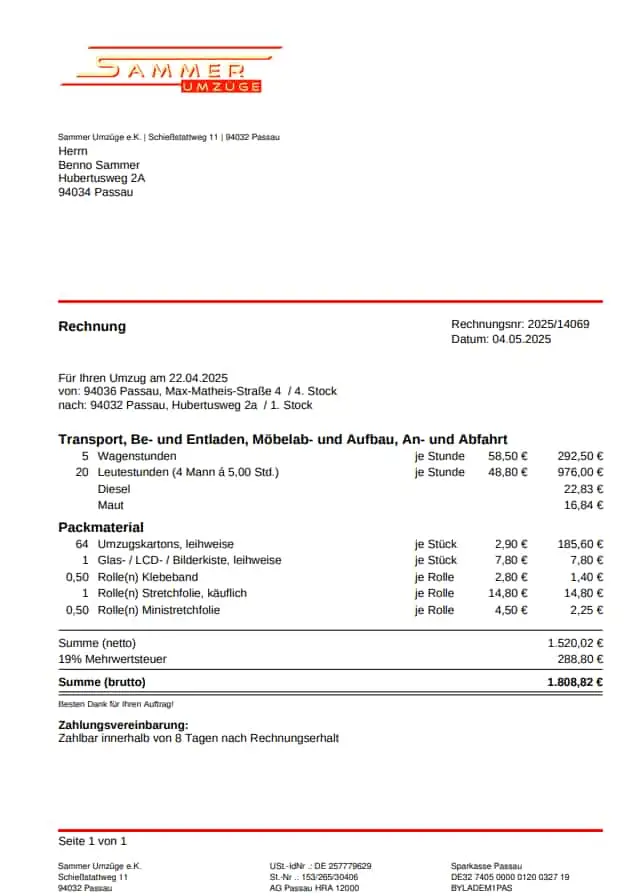 Umzugsrechnung