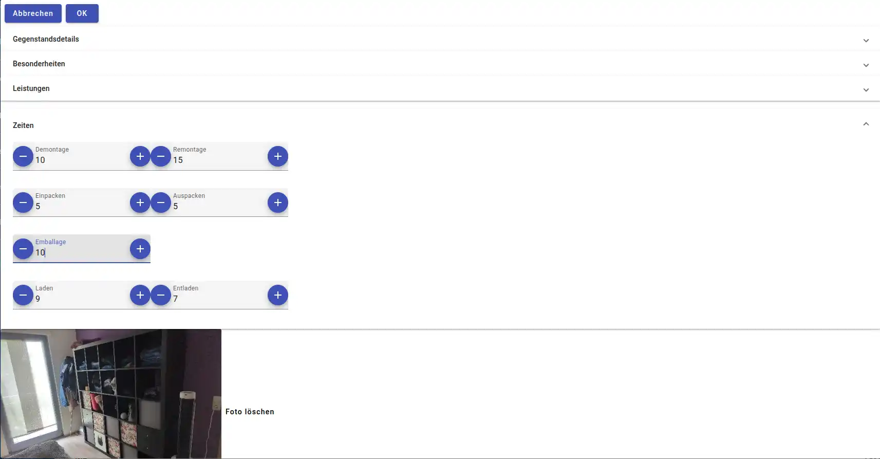 Vorgabezeit der Umzugsgutliste in Xlado Umzugssoftware App für Umzugsunternehmen